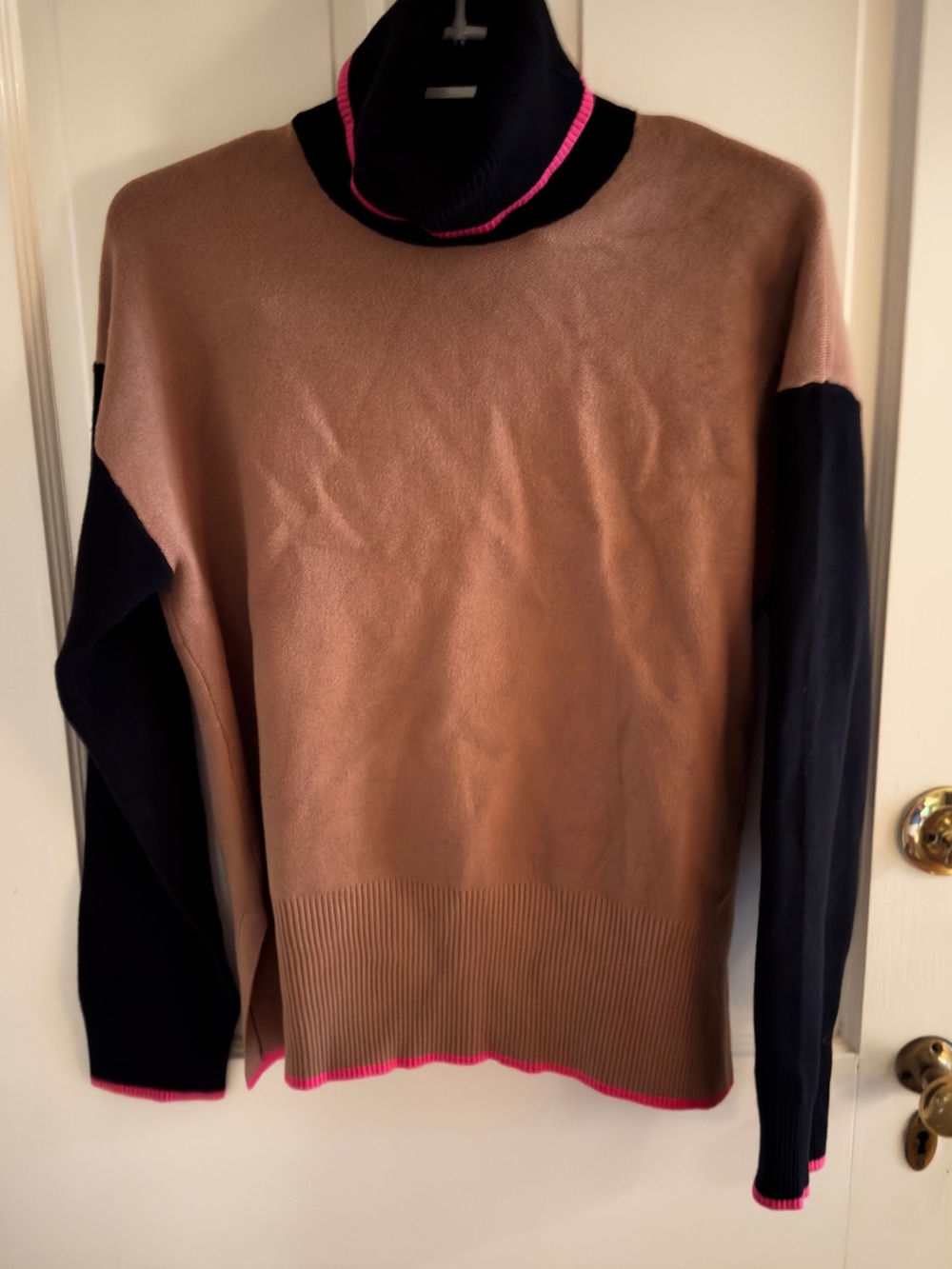 Tahari Colorblock Turtleneck Sweater in Camel, Black & Pink Trim